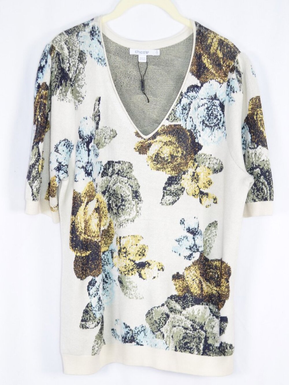 Chico’s Metallic Floral V-Neck Knit Sweater Cream/Blue Size L
